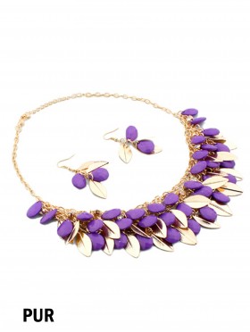 TWO TONE BEAD AND LEAF DESIGN NECKLACE WITH EARRING SET